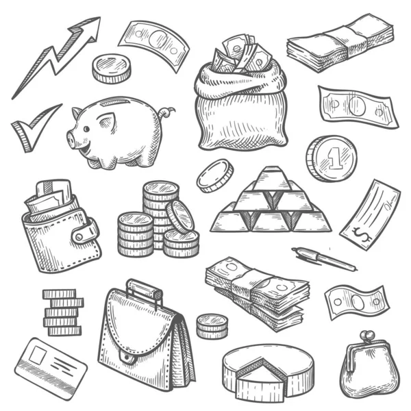 Money and finance sketch. Credit card, gold bars, purse, briefcase and dollars sack. Coins, piggy bank, business investment icons vector set — Stock Vector