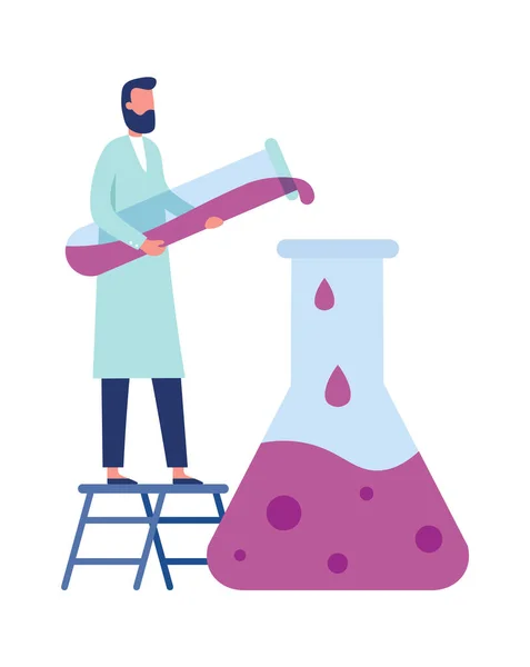 Chemielaborant. Mann im weißen Kittel bei klinischen wissenschaftlichen Experimenten mit Geräten wie Röhre, Kolben — Stockvektor