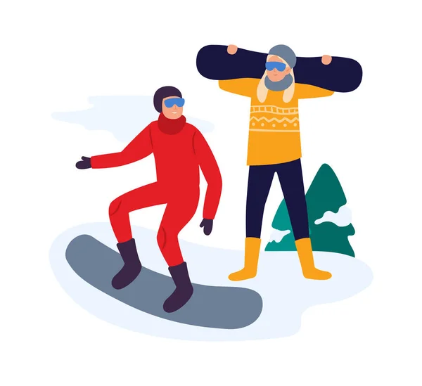 Aktivitäten im Winter. Freunde mit Snowboard haben aktive Freizeit. Paar führt gesunden Lebensstil, treibt Sport — Stockvektor