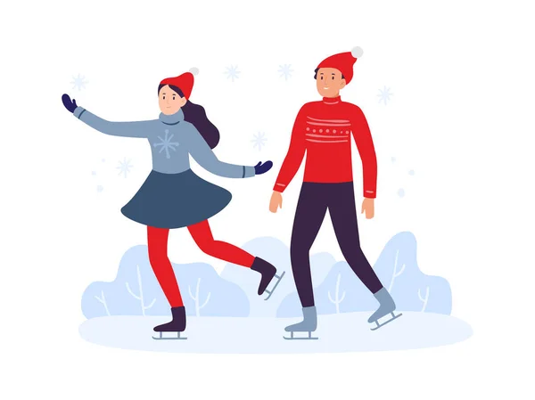 Зимние спортивные мероприятия. Друзья катаются вместе в теплой одежде. Девочка и мальчик, проводящие время — стоковый вектор