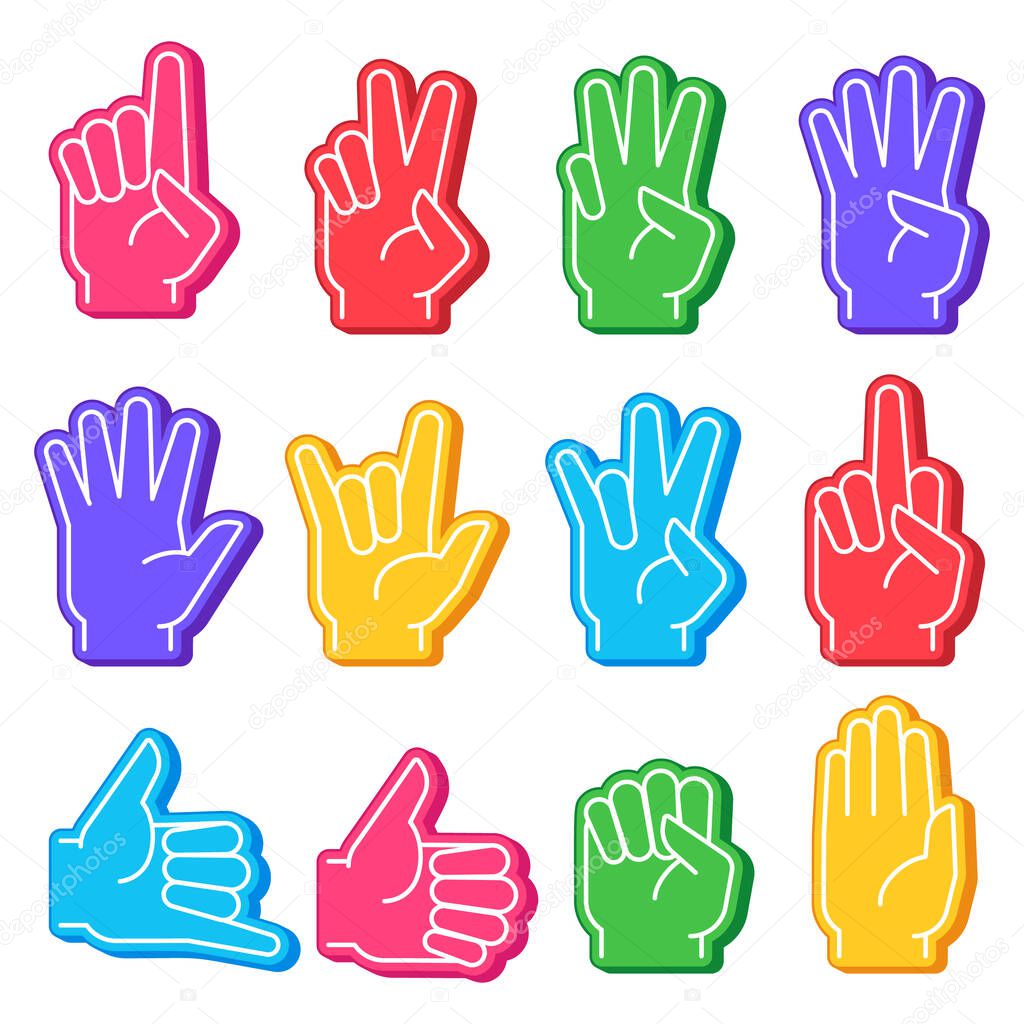 Foam fingers. Sports fan hand with different gesture. Numbers, ok sign and fist, open palm. Stadium team support victory souvenir vector set