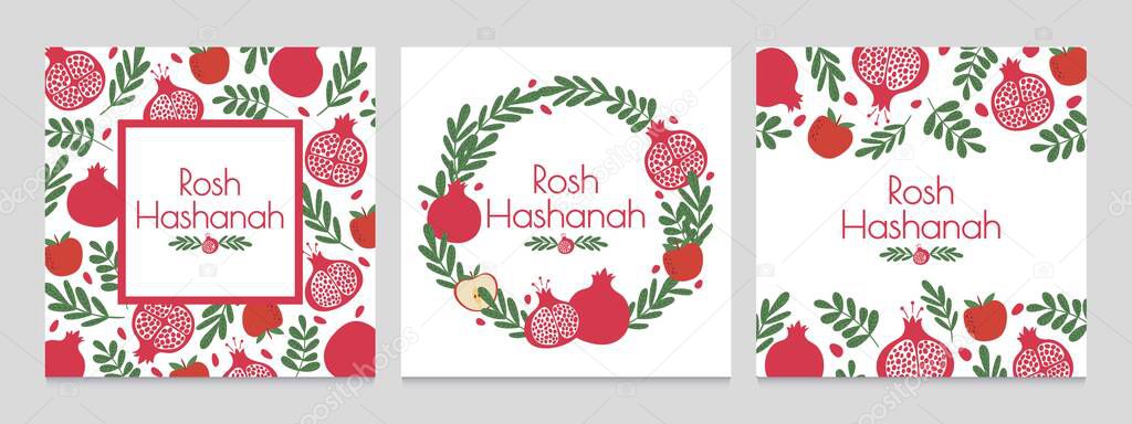 Rosh hashanah. Jewish new year greeting cards with pomegranate and apple. Judaism shana tova holiday vector backgrounds