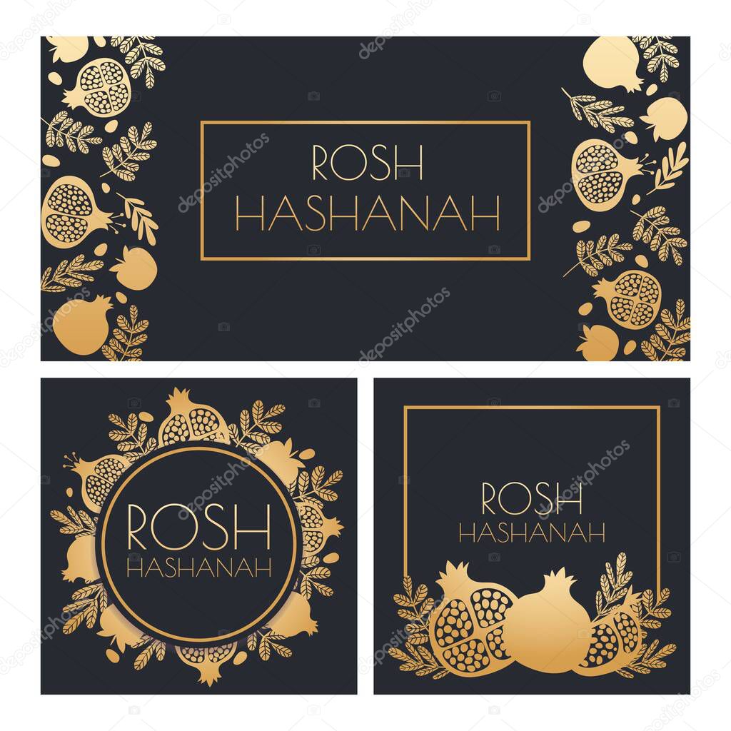 Jewish New Year. Happy Shana Tova, Rosh Hashanah holiday symbols and pomegranate greeting posters vector template