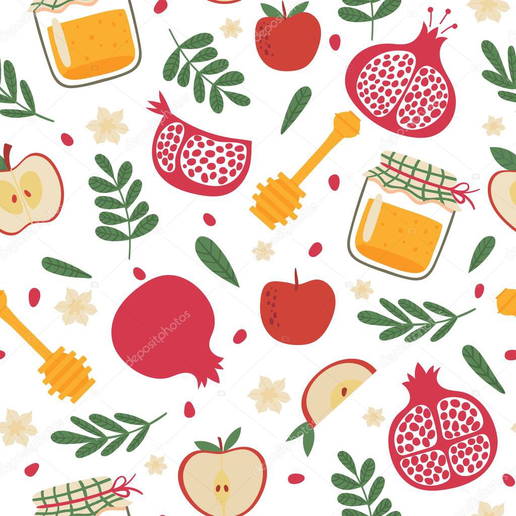 Shana tova seamless pattern. Jewish new year rosh hashanah, repeating tile. Holiday symbols pomegranate, apples and honey jar vector texture