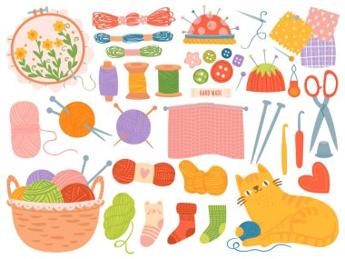 Örgü iplikleri. El işi aksesuarlar, iplikler, iğneler, iplik topları. Makas, tığ işi, el yapımı dikiş hobisi, karikatür vektör seti