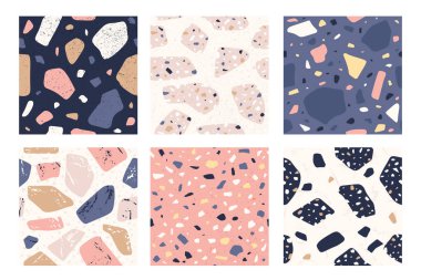 Terrazzo kusursuz desen. Karmaşık lekeli İtalyan dekoratif taş döşeme, granit mozaik desenli şekiller tekrarlayan örnek vektör kümesi
