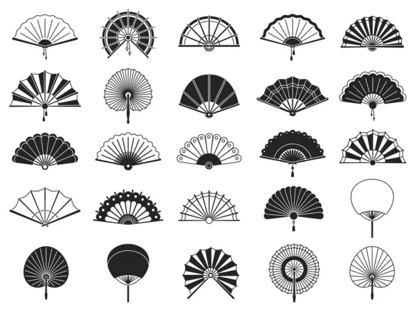 Kézi ventilátor. Fekete sziluettek kínai, japán papír hajtogató kéz rajongók, hagyományos ázsiai dekoráció és szuvenír vektor elszigetelt készlet — Stock Vector