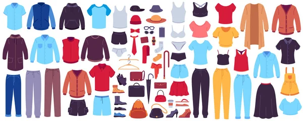 Ruhák és kiegészítők. Divat nők és férfiak szezonális ruhák, ruhák, lábbeli és táskák, kiegészítők, modern alkalmi ruha vektor készlet — Stock Vector