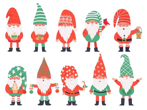 Enanitos de Navidad. Gnomos fabulosos divertidos en trajes rojos, gnomo de Navidad con decoración tradicional linterna, personajes vectoriales de vacaciones de invierno — Vector de stock