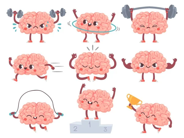 Cerebro y deporte. Cerebro cómico actividades deportivas, logros de entrenamiento metáfora iq, ejercicio mental, personajes de vectores de dibujos animados fitness — Archivo Imágenes Vectoriales