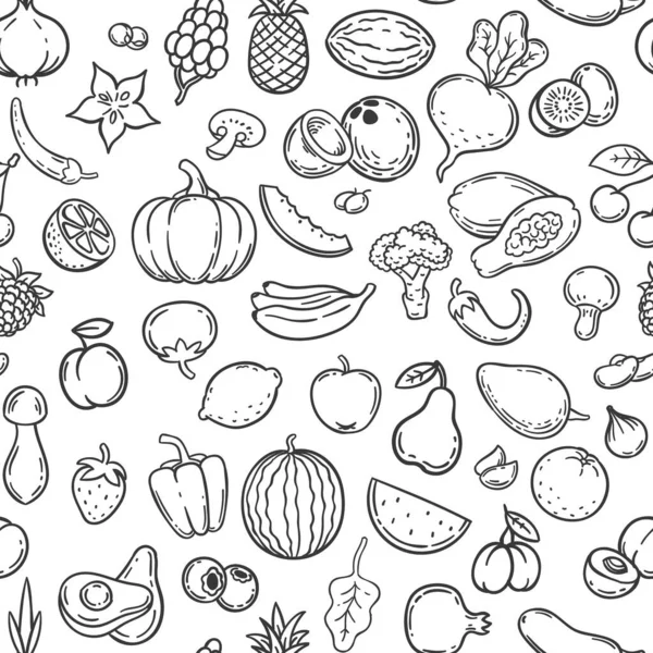 Verduras y frutas. Contorno dibujado a mano iconos de frutas y verduras, estilo de vida vegano, alimentos orgánicos saludables, doodle vector patrón sin fisuras — Archivo Imágenes Vectoriales