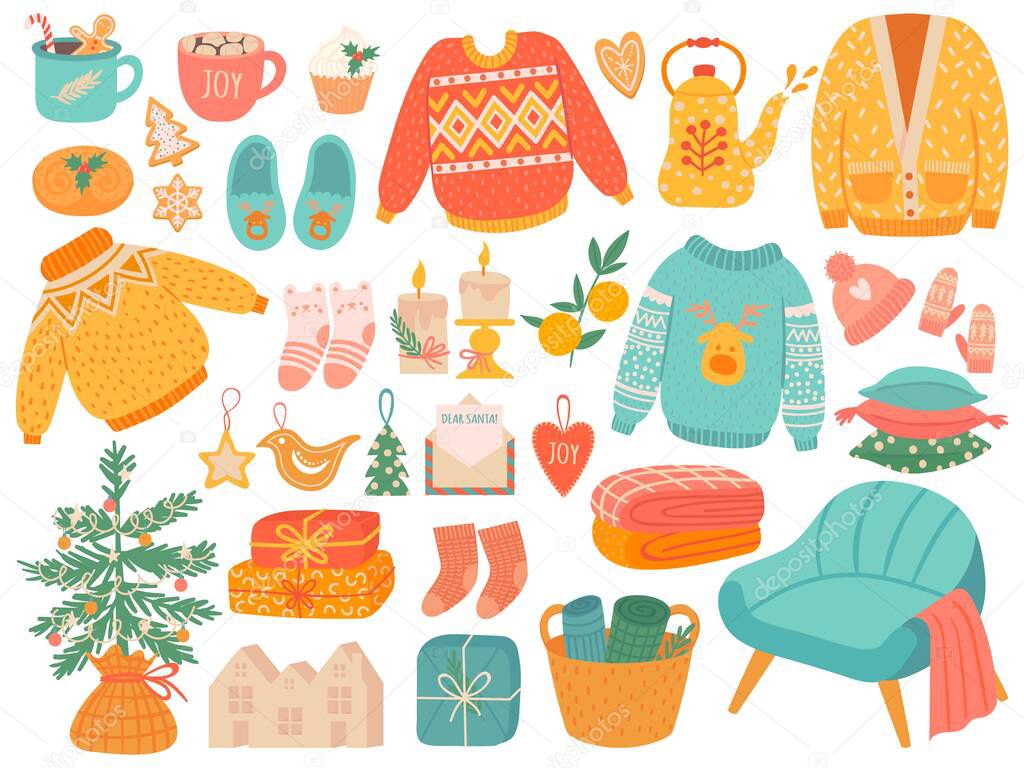 Hygge christmas. Winter knit clothes and holiday decor fir-tree, gifts. Candles, socks and mittens xmas home symbols, cartoon vector set