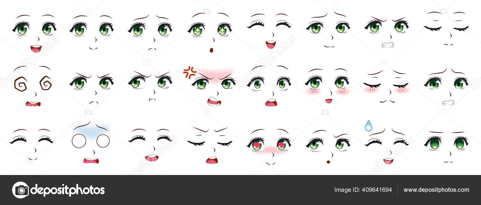 Olhos, sobrancelhas e expressões da boca dos personagens de anime dos  desenhos animados. personagens femininas de mangá enfrenta conjunto de  ilustração vetorial. personagens de expressões de anime manga girl, emoção  rosto de