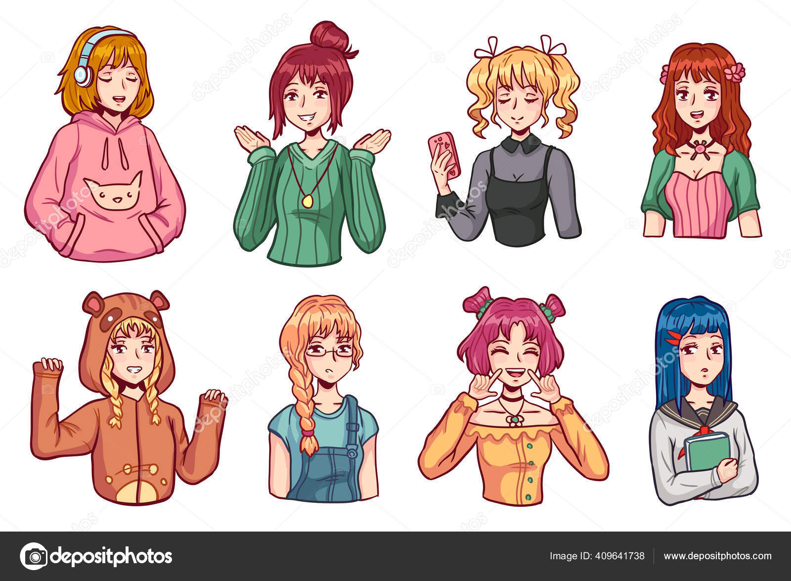 Anime mangá com uniforme escolar em várias poses