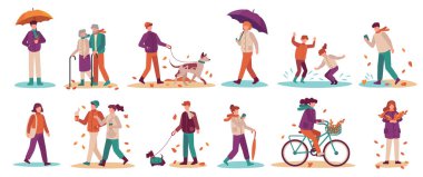 Sonbahar sezonundaki insanlar. Erkekler ve kadınlar sokakta yürürler, bisiklet sürerler, köpek gezdirirler. Sonbahar parkı vektörlerinde şemsiyesi olan genç ve yetişkinler