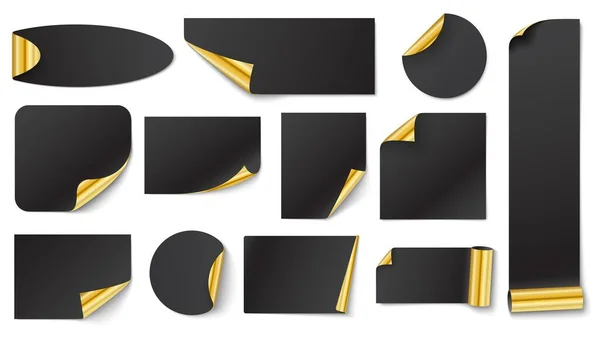 Pegatinas negras con oro. Pegatina esquina de oro en blanco — Vector de stock