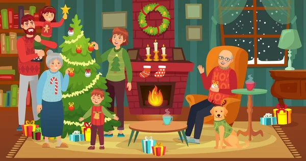 Happy family decorating christmas tree. Vector happy xmas — Stock Vector