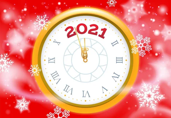 New 2021 Έτος αφίσα χιονιού. Πρόσωπο διανυσματικού ρολογιού — Διανυσματικό Αρχείο