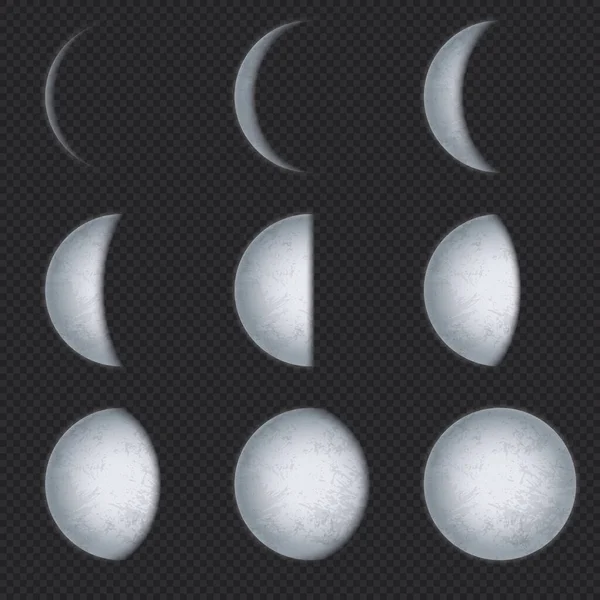 Fases lunares realistas. Fase lunar, luna llena y nueva media luna con cielo nocturno. Superficie del satélite de la Tierra con textura astronómica vector conjunto — Vector de stock