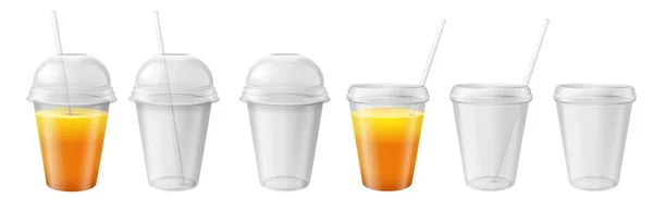 Прозрачная пластиковая чашка. Одноразовая кружка с крышкой и соломой. Контейнер для соков, чая со льдом и напитков — стоковый вектор