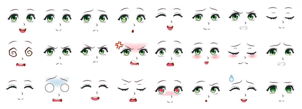 Expressão de Manga. Expressões faciais de menina de anime. Olhos, boca e nariz, sobrancelhas em estilo japonês. Manga mulher emoções cartoon vetor conjunto —  Vetores de Stock