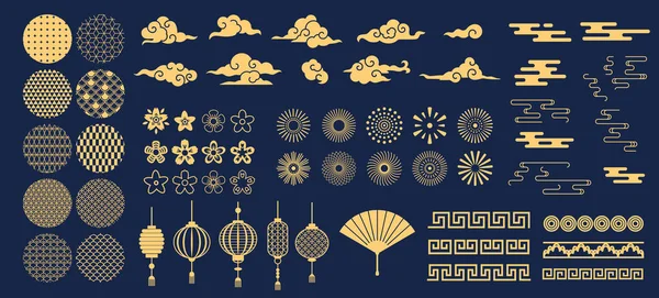 Elementos chineses. Asiático ano novo ouro padrões decorativos e lanternas, flores, nuvens e ornamentos tradicional estilo oriental conjunto vetor —  Vetores de Stock