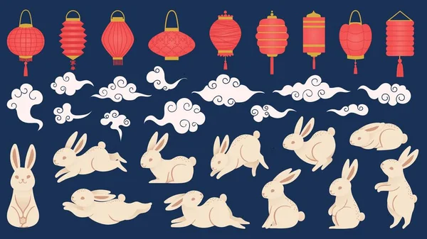 Kelinci di musim gugur. Cina dan vietnamese elemen festival tradisional dalam gaya oriental dengan lentera, awan dan lucu kelinci vektor ditetapkan - Stok Vektor