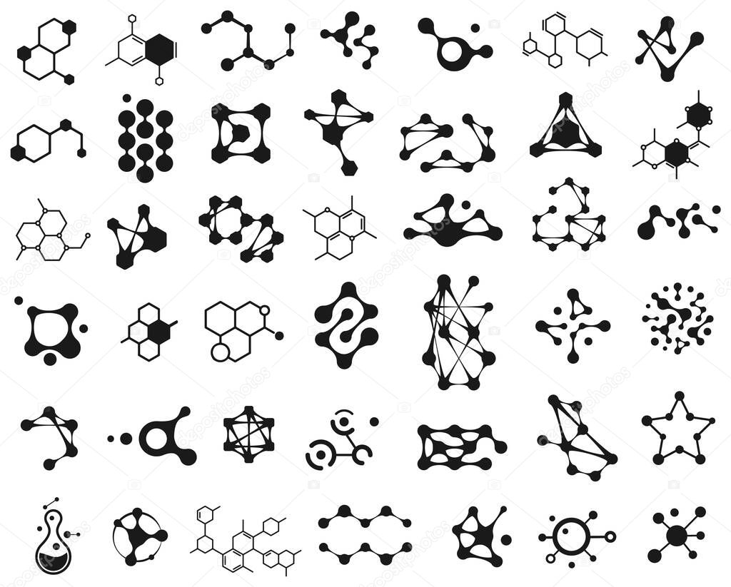 Connected molecules icons. Molecular structure logo. Connection science molecule, chemistry atom, chemical abstract molecular structure illustration