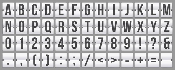기계 스코어보드 플립 글꼴의 알파벳 글자, 숫자, 마크. 클럭 타이머를 위한 패널에 있는 ABC 설계, 도착 공항 표지판, 역 벡터 삽화. — 스톡 벡터