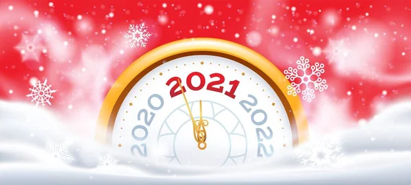 Horloge d'hiver Nouvel An 2021. Fête de Noël. Soirée de Noël à minuit. Faire des souhaits temps pour la fête — Image vectorielle
