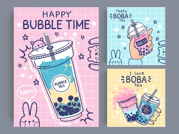 Bubble Tea Banner. Berühmtes Getränk asiatischer Bubble Tea, taiwanesischer Grün- oder Früchtetee mit Bällen in Plastikbechern, Perlmilchtee-Flyer, Promo-Vektor-Poster — Stockvektor