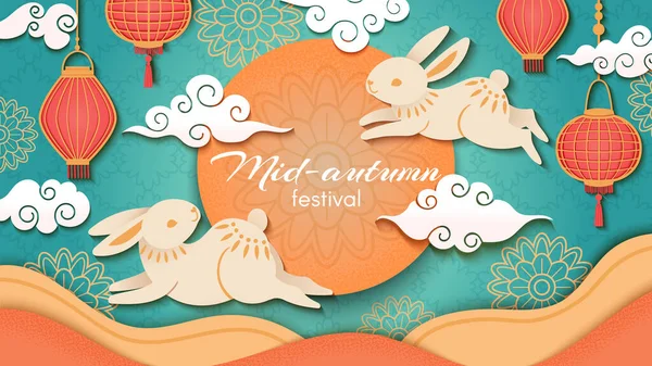 No meio do Outono. Feliz festival de outono chinês, coelhos e flores asiáticas e lanternas, lua e nuvens, estilo oriental vetor fundo — Vetor de Stock