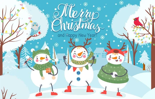 スノーマン。ギフトや雪玉の屋外で冬服のかわいい面白い雪だるま。クリスマスと幸せな新年の挨拶カードベクトルの背景 — ストックベクタ