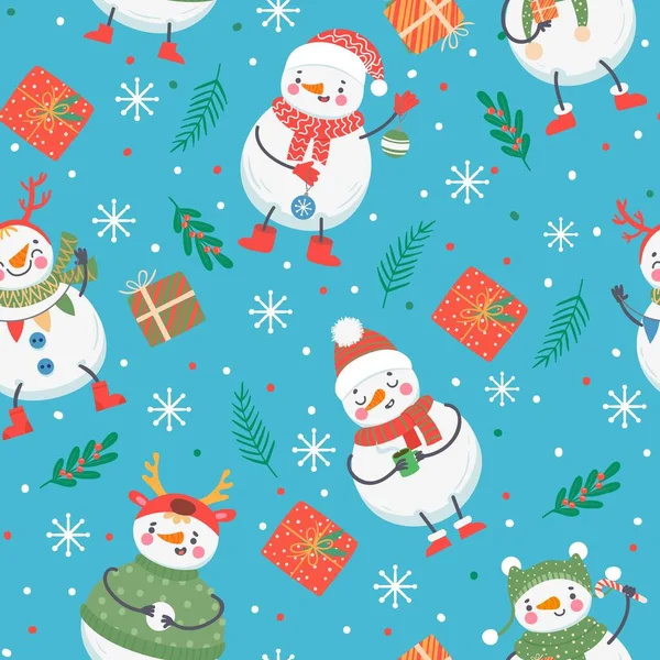 Boneco de neve sem costura padrão. Bonitos bonecos de neve engraçados em roupas de inverno com presentes, bolas de neve e flocos de neve. Natal e ano novo textura vetorial —  Vetores de Stock