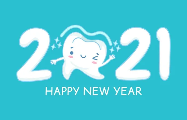 New year teeth. Happy holiday 2021 year banner with funny healthy white tooth, childrens dentistry, oral hygiene care dental vector concept — Stock Vector
