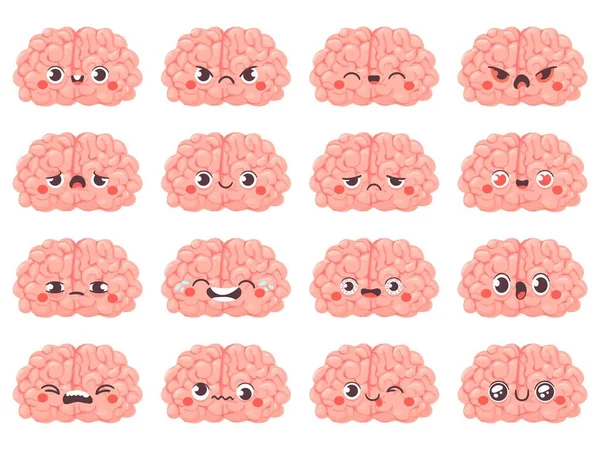 脳の絵文字。顔の表情が違うかわいい脳のキャラクター。幸せと怒り、ウィンクと悲しい、創造的なアバター漫画ベクトルセット — ストックベクタ