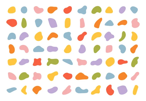 Verschiedene Flecken. Zufällige Farbkleckse, runde abstrakte organische Formen. Kieselsteine, Tropfen und Steinsilhouetten. Tintenklecks Texturvektorset der 90er Jahre — Stockvektor