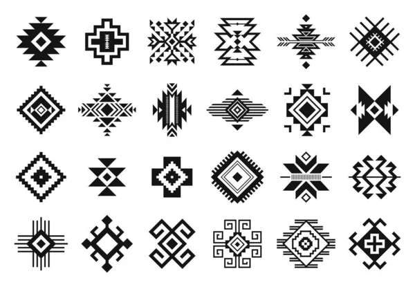 Elementos tribales. Patrones indios americanos geométricos monocromáticos, navajo y azteca, adorno étnico para el conjunto de vectores de adornos decorativos textiles — Vector de stock