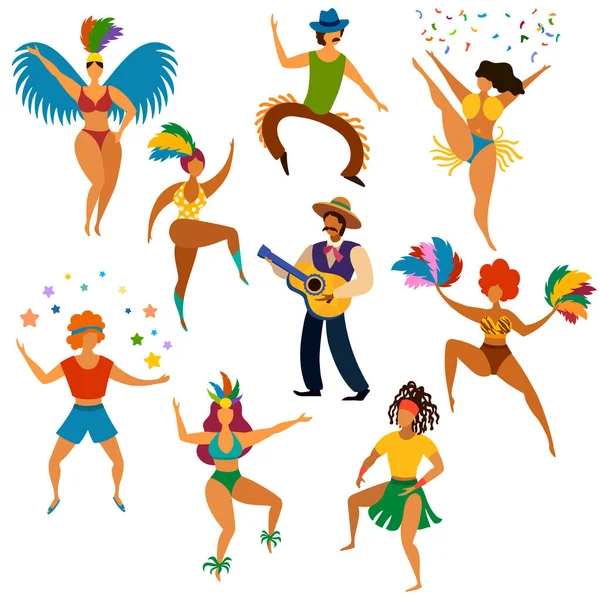 Gente del carnaval. Feliz baile de hombres y mujeres en traje brillante y tocando fiesta de música festiva latina, divertido desfile de carnaval conjunto de vectores de dibujos animados — Vector de stock