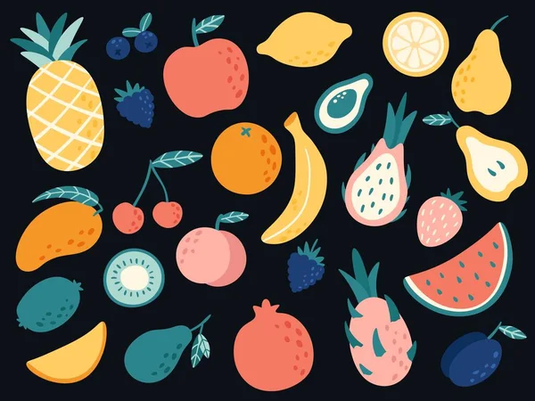 Fruits tropicaux dessinés à la main. Tranches de pomme, banane, citron et poire bio, cerise et mangue, pastèque — Image vectorielle