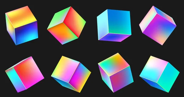 Ensemble de cube métallique 3D olographe réaliste. Néon élément géométrique de couleur dans différentes positions. Carré avec dégradé — Image vectorielle