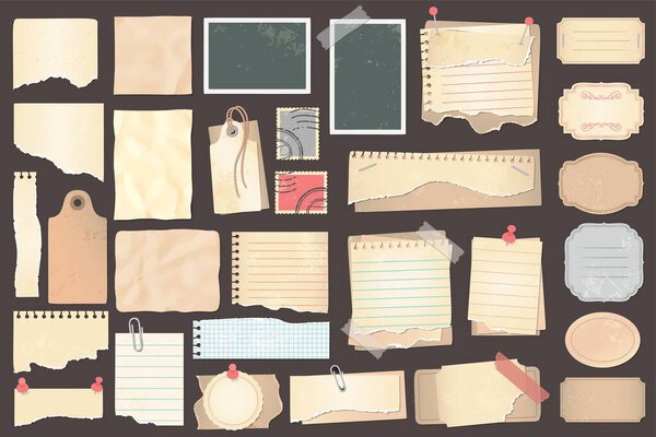 Old scrapbook paper pieces, stamps and labels. Retro ripped pages with pins and paperclip. Notebook sheets