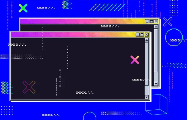 Vaporwave cyberpunk glitch retrofuturistic background dengan jendela yang terbuka. Antarmuka pengguna dengan warna neon - Stok Vektor