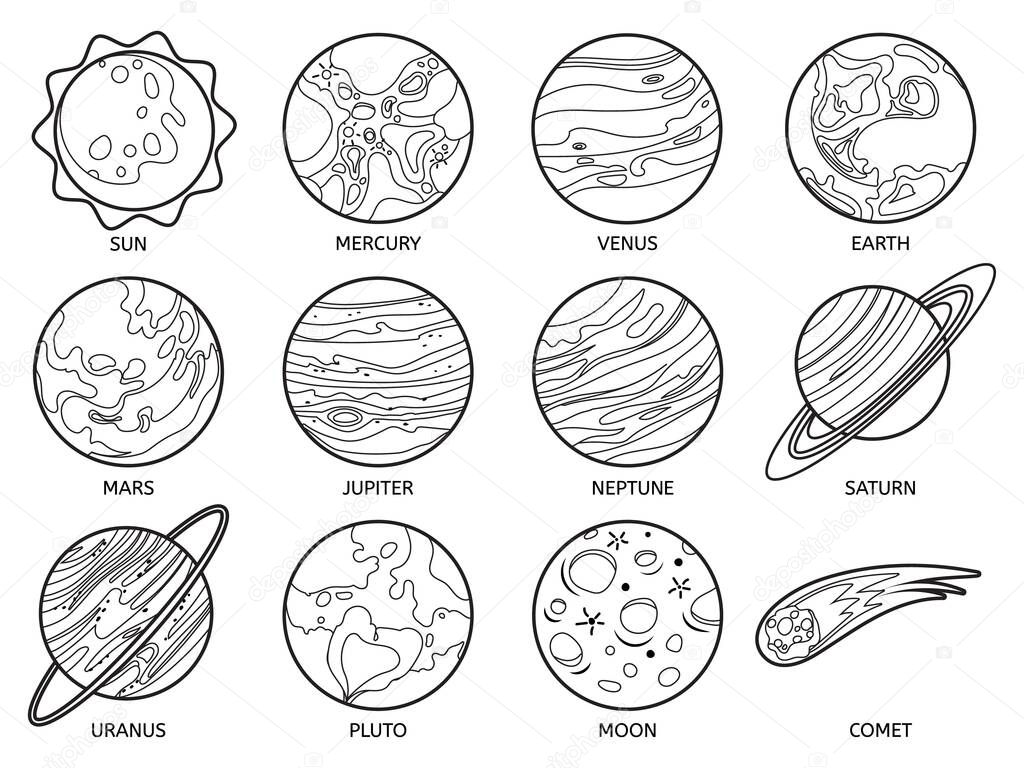 Planets for color book. Solar system earth, sun and neptune, jupiter and pluto, venus and mars, saturn and moon, uranus and comet vector set