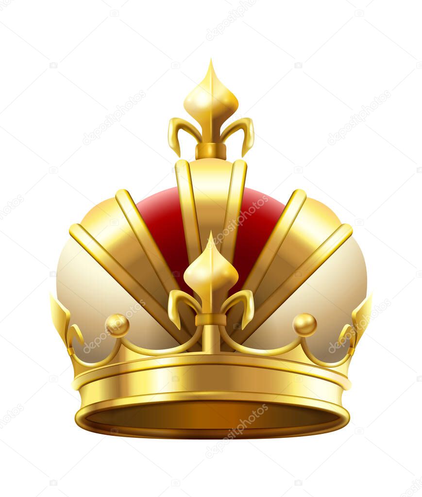 Realistic royal crown. Classic king or prince golden accessory for coronation. Luxury authority logo