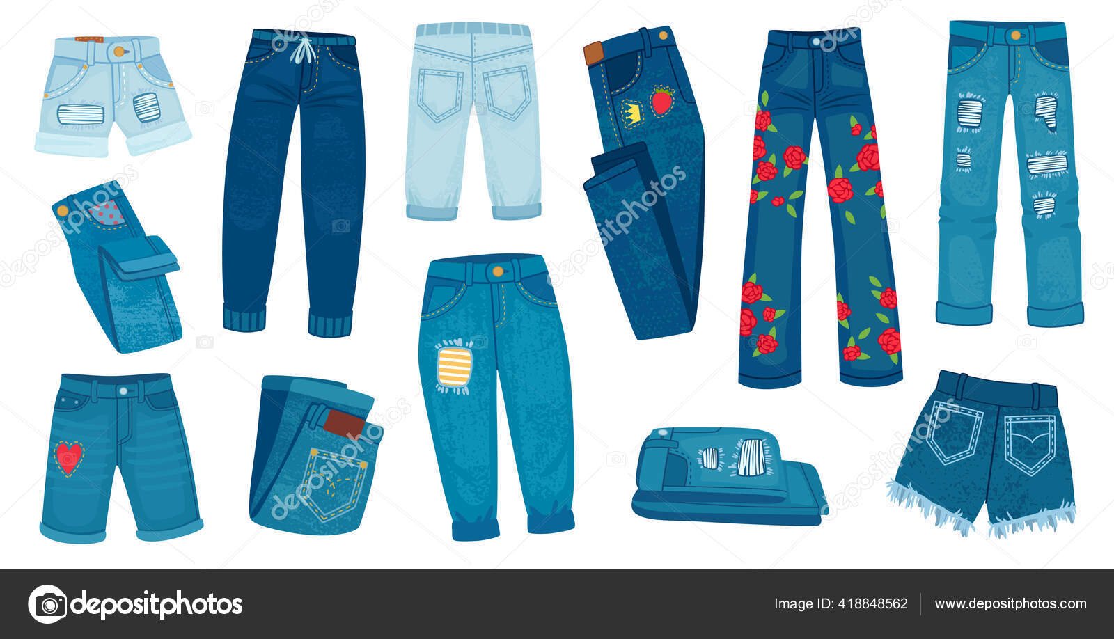 Denim jean pants. Trendy fashion female jeans. Cartoon ripped shorts and trousers with patches and texture. Casual style clothes vector set Stock Vector Image by ©.com #418848562 Denim jean pants. Trendy fashion female jeans. Cartoon ripped shorts and trousers with patches and texture. Casual style clothes vector set Stock Vector Image by ©.com #418848562