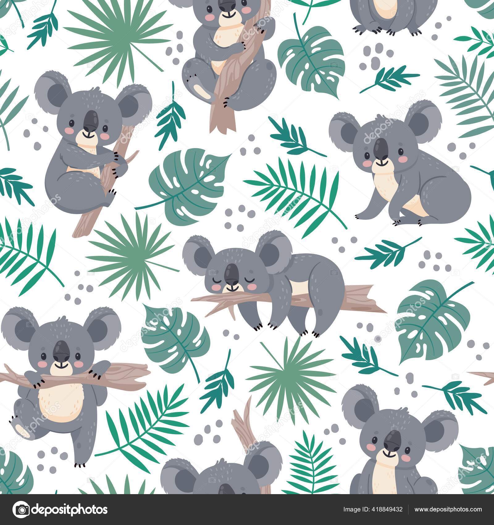 코알라와 바다없는 무늬. 이탈리아의 곰과 열 대의 나뭇잎은 귀여운 것이다. 만화 아기 코알라 디자인. 아이들을 위한 사회적 배경 스톡  벡터 - ©tartila.stock.gmail.com 418849432, image size:1600x1700