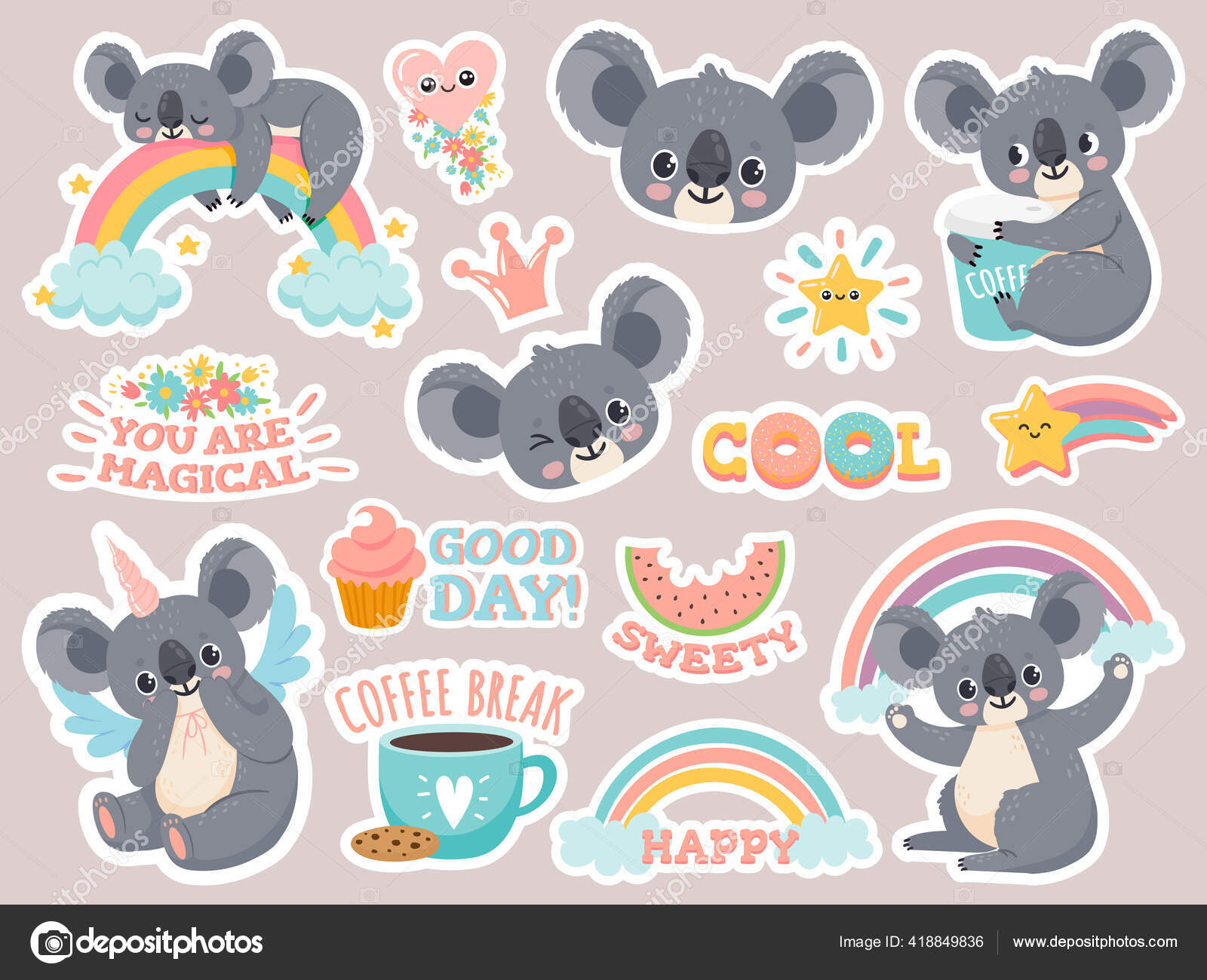 Magic koala stickers. Lazy australian koalas sleeping on rainbow. Patches with cute baby animal unicorns. Happy fairytale cartoon vector set Stock Vector Image by ©.com #418849836 Magic koala stickers. Lazy australian koalas sleeping on rainbow. Patches with cute baby animal unicorns. Happy fairytale cartoon vector set Stock Vector Image by ©.com #418849836