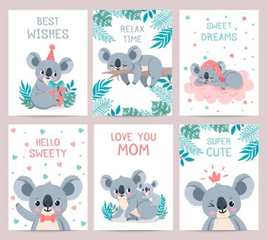 Koala posterleri ve kartları. Tatlı koalaların parmak izleri. Avustralyalı yavru ayı annesine sarılıyor. Orman hayvanlı parti daveti, vektör seti