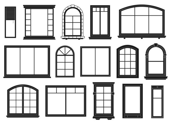 Window silhouettes. Exterior framing windows, black outline ornate arches and doors architectural building elements, isolated vector set